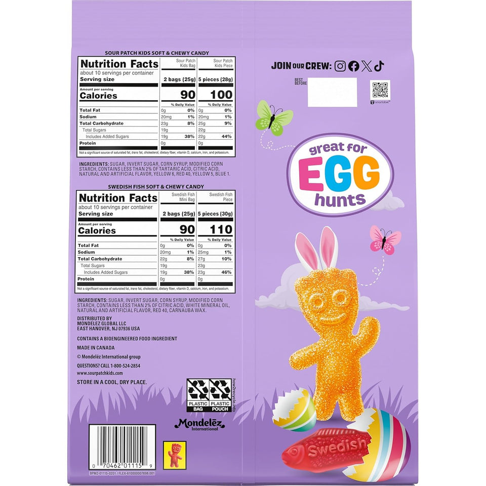 sour patch kids, sour patch kids big kids, swedish fish and swedish fish mini assorted soft & chewy easter candy variety pack, bulk, 140 snack packs