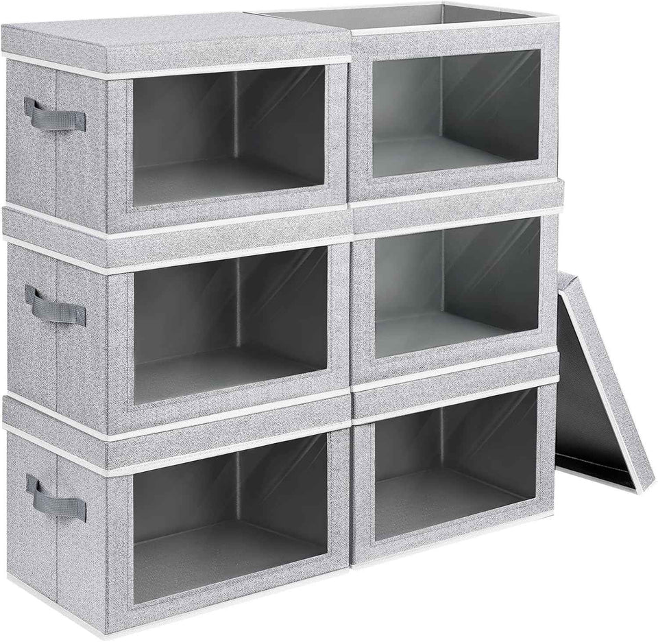 Storage Bins with Lids - Fabric Closet Storage Bins with Window, Collapsible Baskets for Shelves 4 Pack, Home Decorative Boxes for Clothes, Closet, Office, Grey