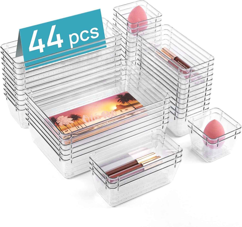 Vtopmart 44-Piece Clear Plastic Drawer Organizers, Versatile Storage Trays for Bathroom, Vanity, Bedroom, Kitchen