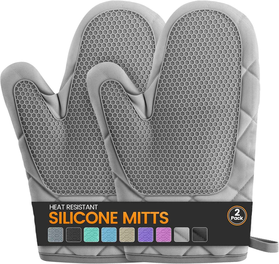 Silicone Oven Mitts, Heat Resistant 2PCS Oven Mitts with Soft Cotton Lining, Waterproof Non-Slip Grip Oven Glove, Kitchen Potholder Mits for BBQ, Baking, Cooking, 12.5 Inch - Grey