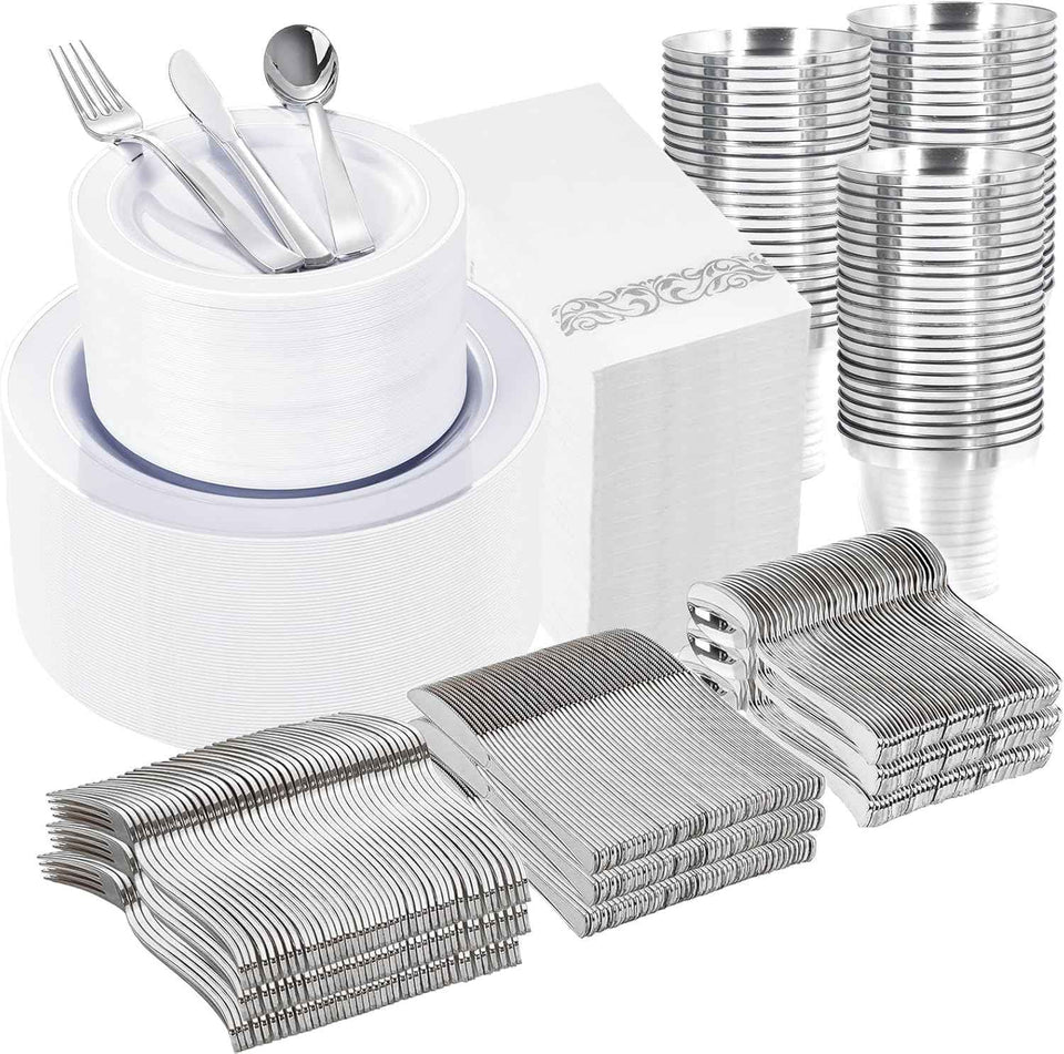 Wellife 700-Piece Silver Plastic Dinnerware Set for 100 Guests, Elegant White and Silver Design