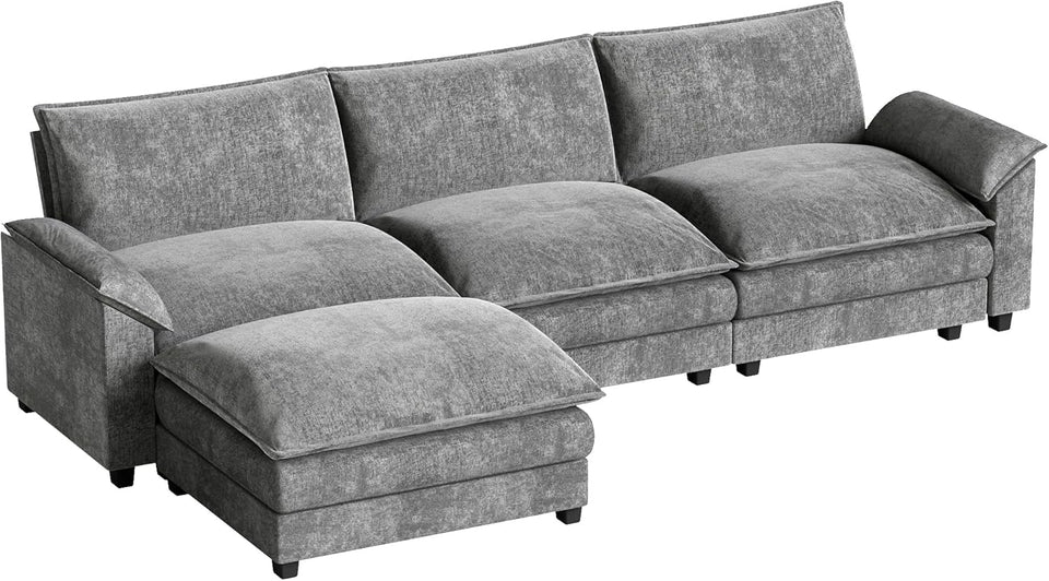 Homall 119" Modular Sectional Sofa, L Shaped Sofa Couch with Reversible Ottoman, DIY Combination Chenille Deep 3-Seat Cloud Couch for Living Room, Apartment (Light Grey, L Shaped Sofa)