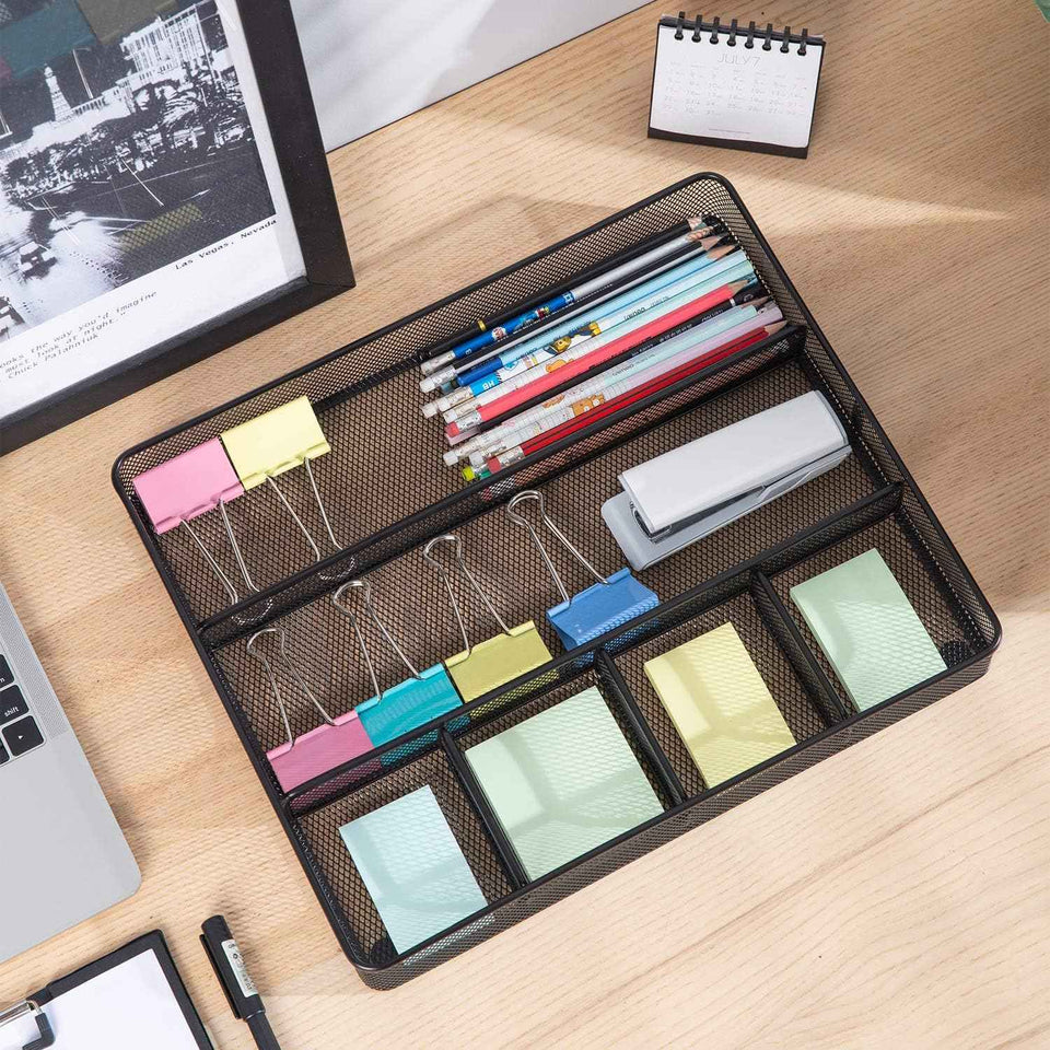 Desk Drawer Organizer - Metal Mesh, Anti-Slip, 6 Compartments, Black