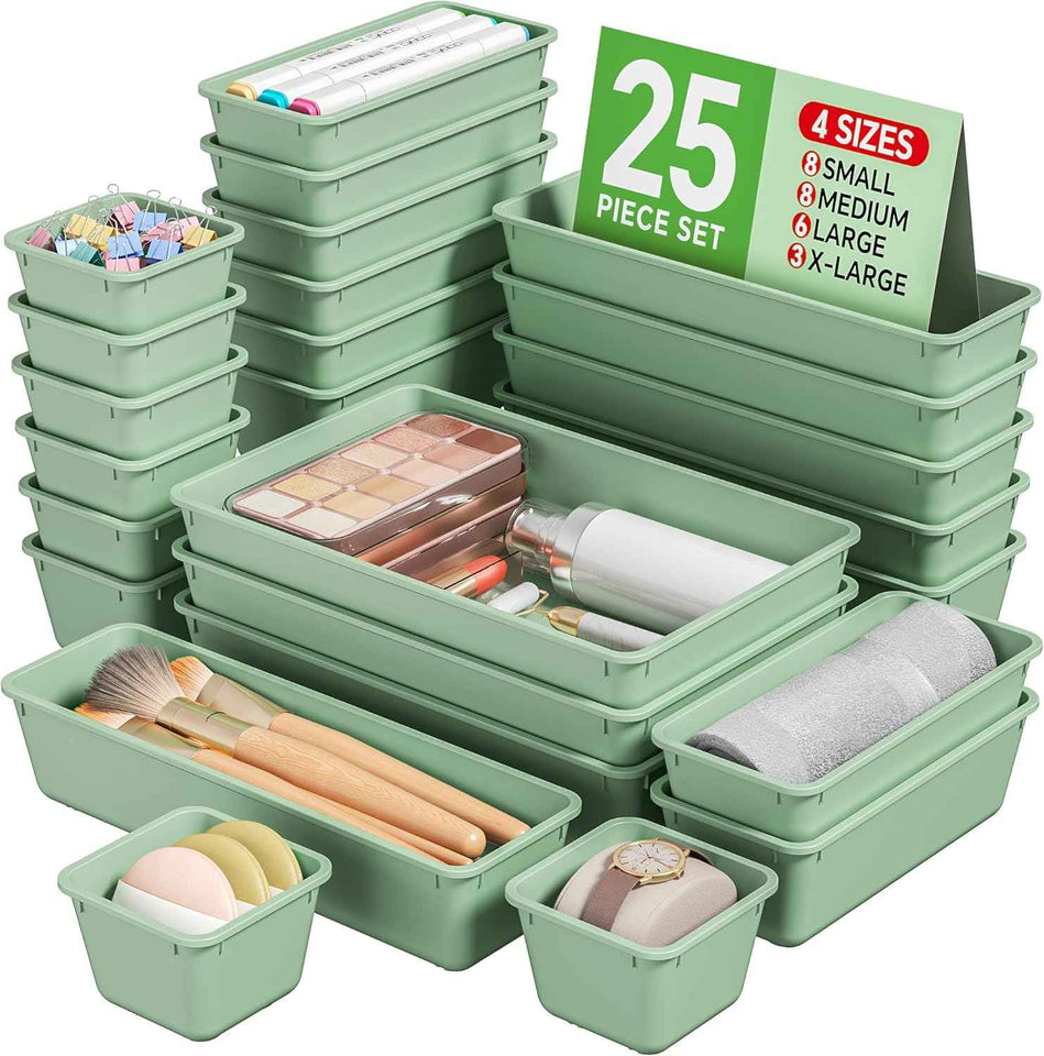 25 PCS Plastic Drawer Organizers Set, 4 Sizes Vanity Organizer, Makeup and Desk Drawer Organizer Trays, Organization and Storage for Makeup, Bathroom, Kitchen Utensils and Office (Black)
