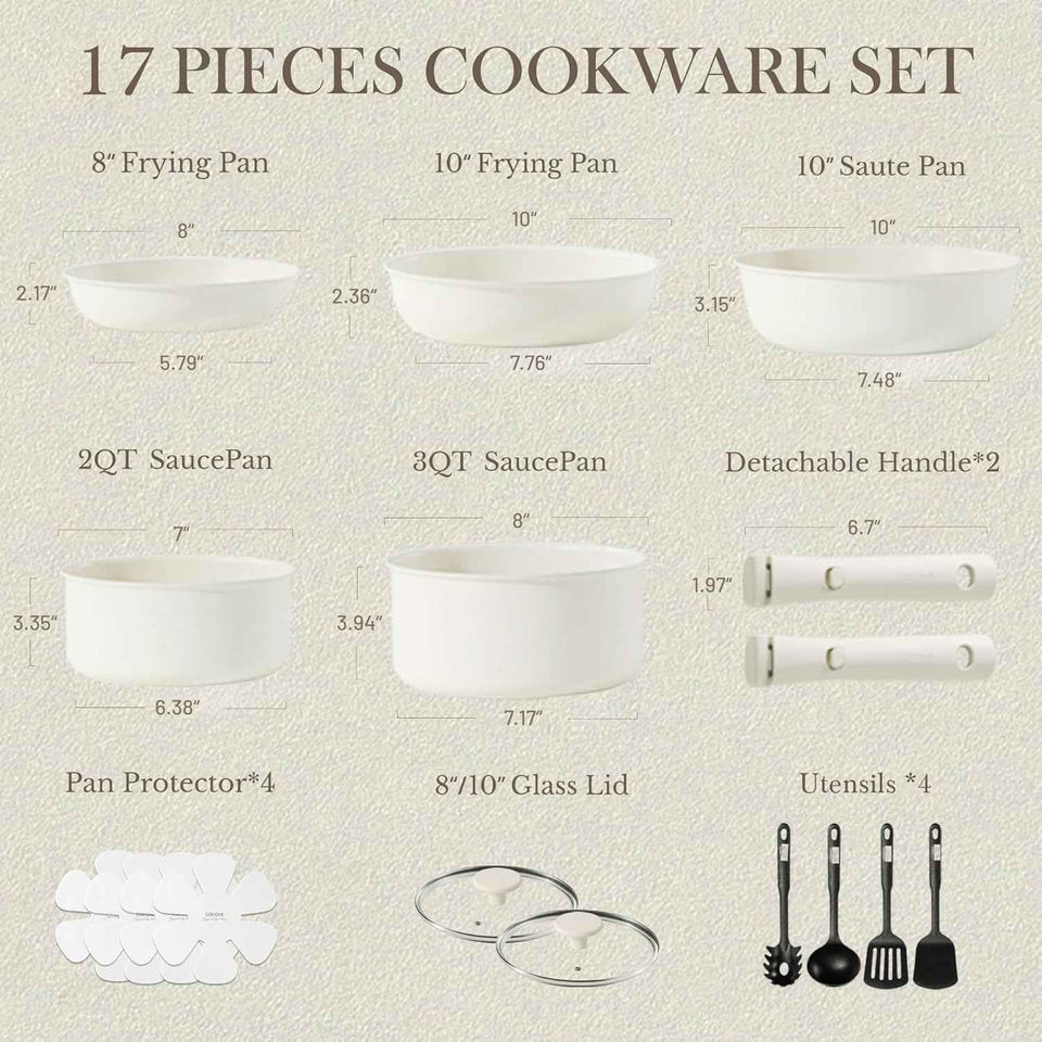 CAROTE 17pcs Nonstick Cookware Set with Detachable Handle, Induction Kitchen Cookware for RV, Camping, and Travel