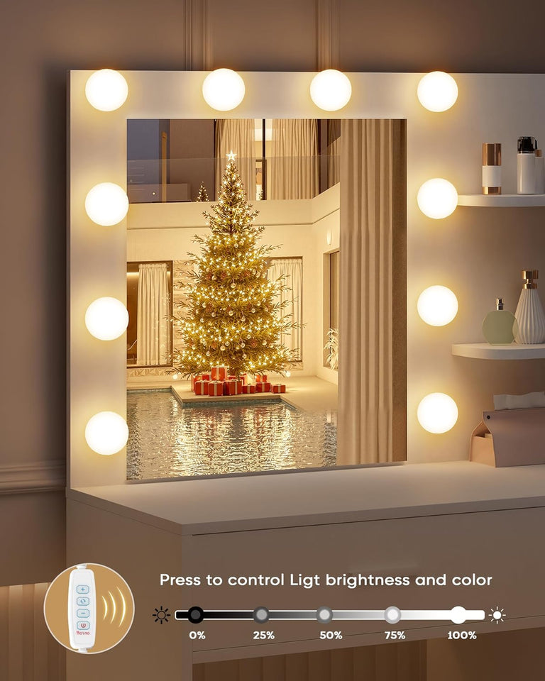 Lighted Makeup Vanity Desk, 35.4“W x 15.7'”D x 54“H, White (with Lights and Mirror, Dimming Function, 2 Drawers and 1 Cabiniet, Open Shelves) by Boahaus