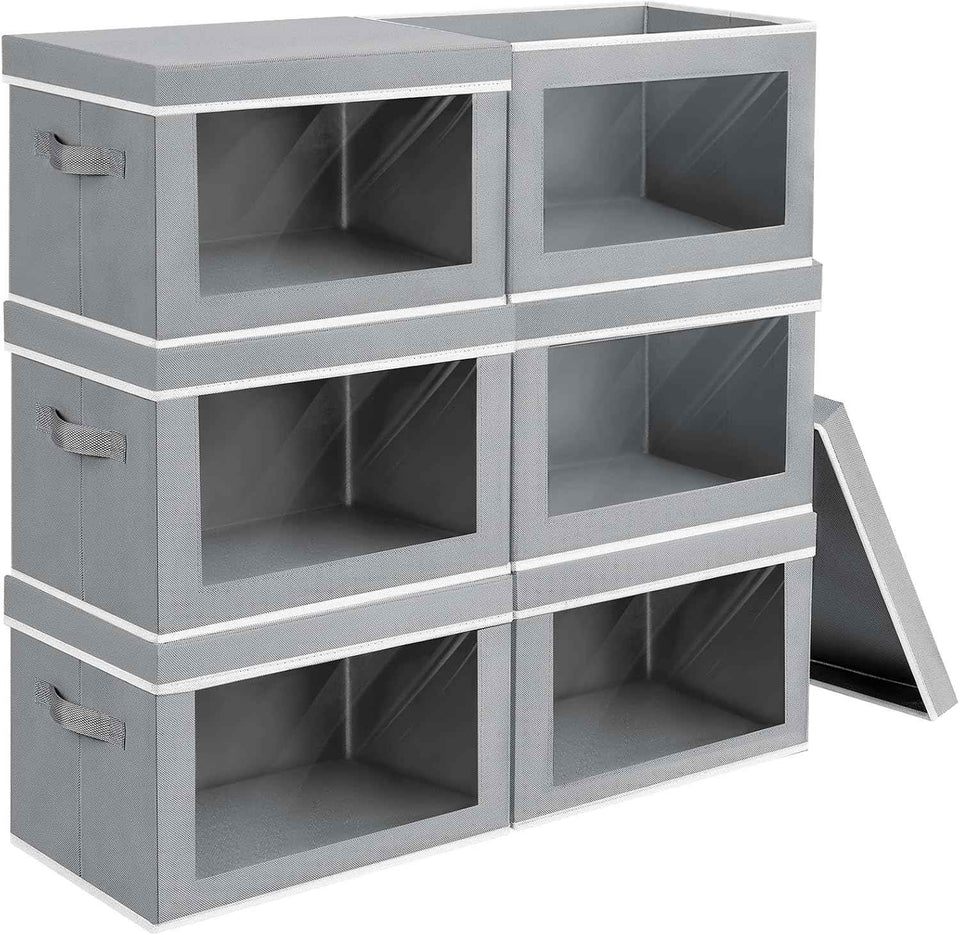 Storage Bins with Lids - Fabric Closet Storage Bins with Window, Collapsible Baskets for Shelves 4 Pack, Home Decorative Boxes for Clothes, Closet, Office, Grey