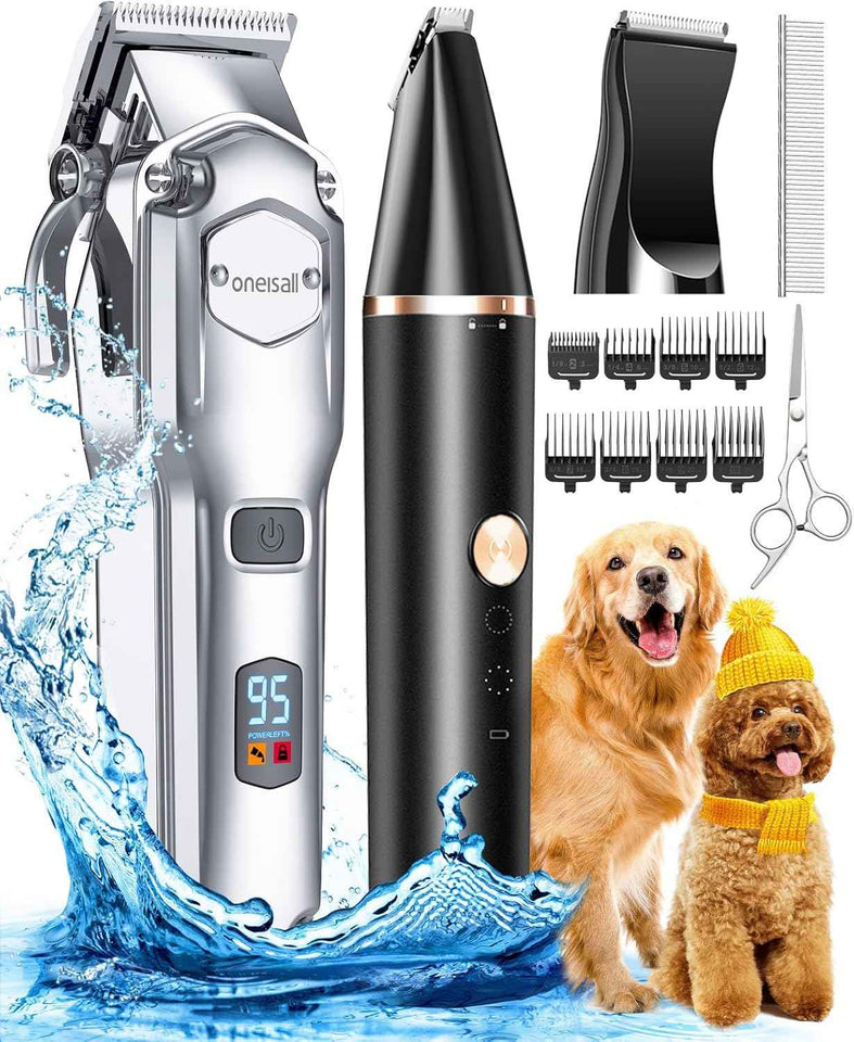 oneisall dog grooming kit for heavy thick hair & coats, low noise cordless waterproof pet clippers with stainless steel blade and paw trimmer