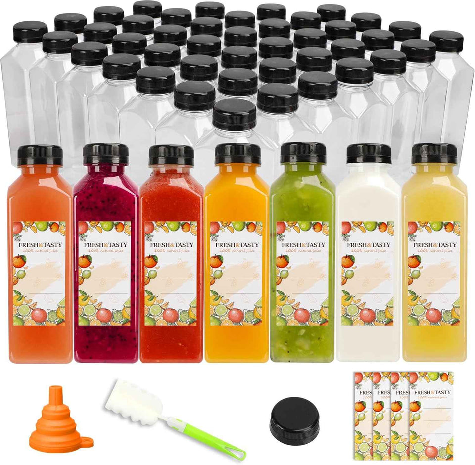TOMNK 100pcs 16oz black plastic beverage containers with caps, funnel, and brush for juicing and smoothies