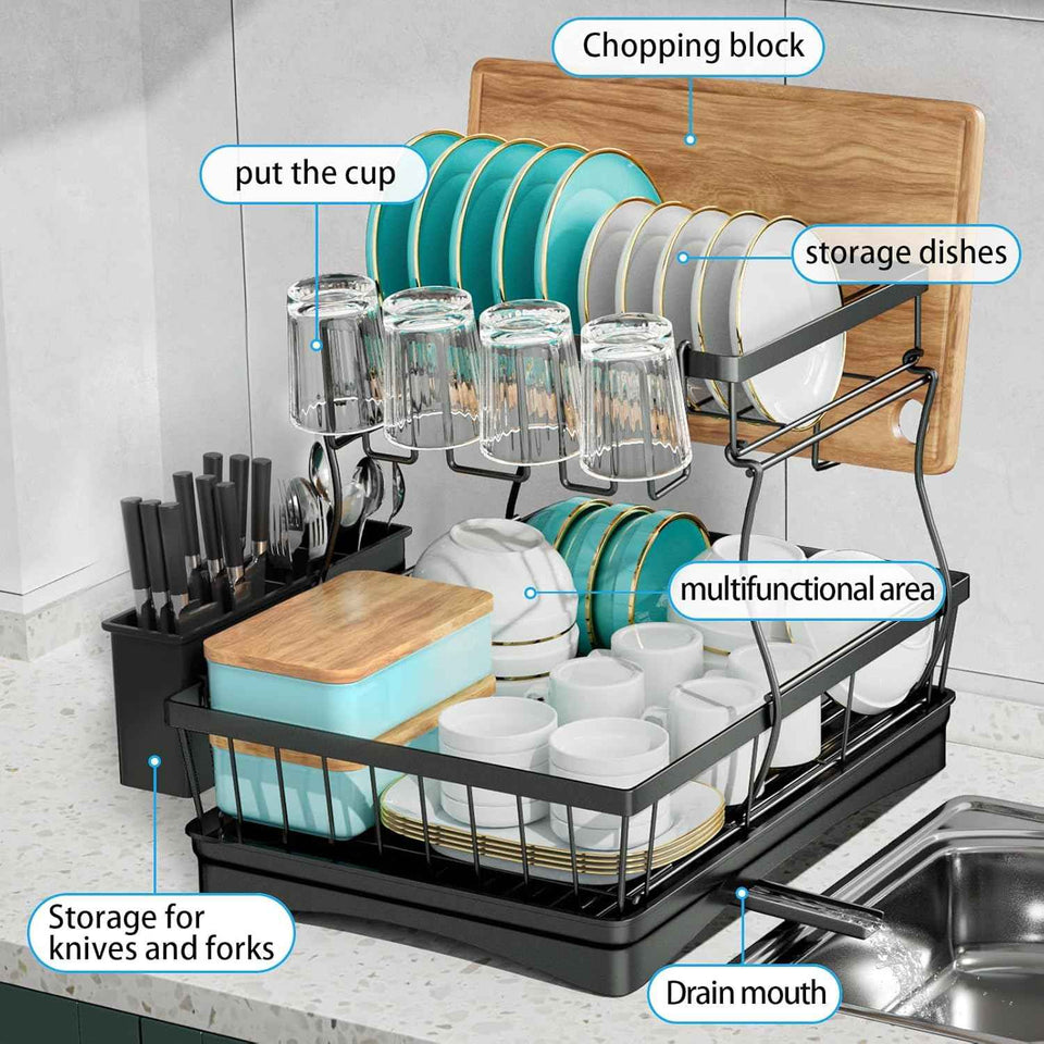 7 code Large Dish Drying Rack for Kitchen Counter, Detachable Large Capacity Dish Drainer Organizer, 2-Tier Dish Racks with Utensil Holder, Black