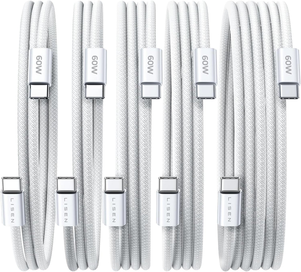 Lisen 5-pack usb c to c cable, 60w fast charging, 10ft for iphone 17, ipad, galaxy s25/s24