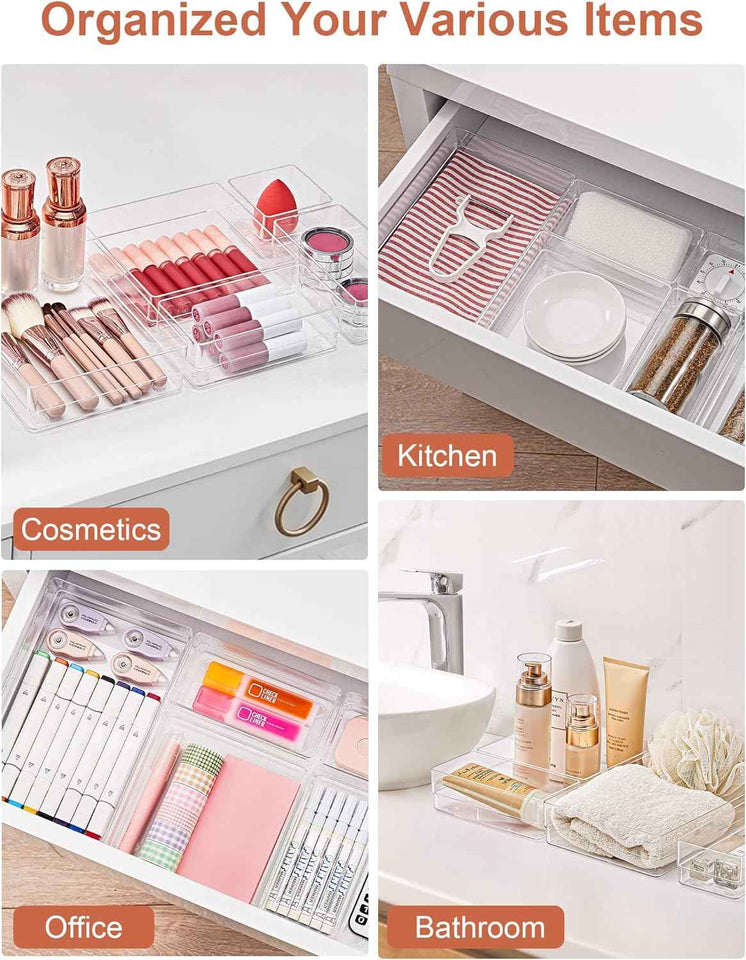 SMARTAKE 13-Piece Drawer Organizer with Non-Slip Silicone Pads, 5-Size Desk Drawer Organizer Trays Storage Tray for Makeup, Jewelries, Utensils in Bedroom Dresser, Office and Kitchen (Clear)
