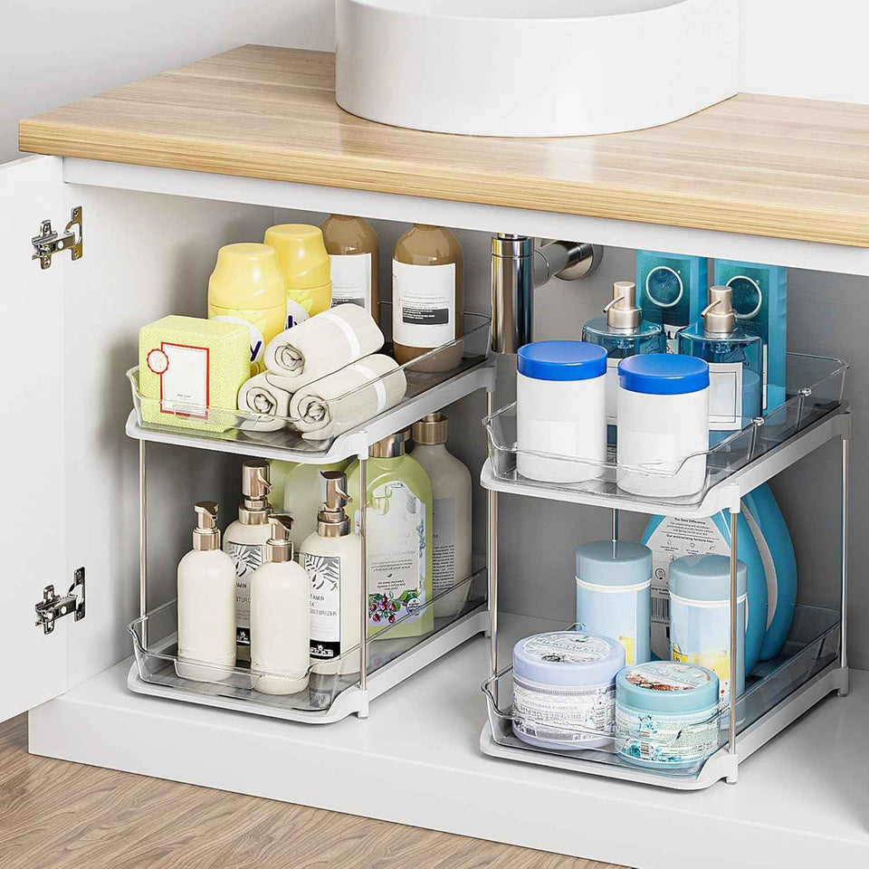 Delamu 2-Tier White Bathroom Under Sink Organizer, Stackable, 2-Pack, Durable, Customizable
