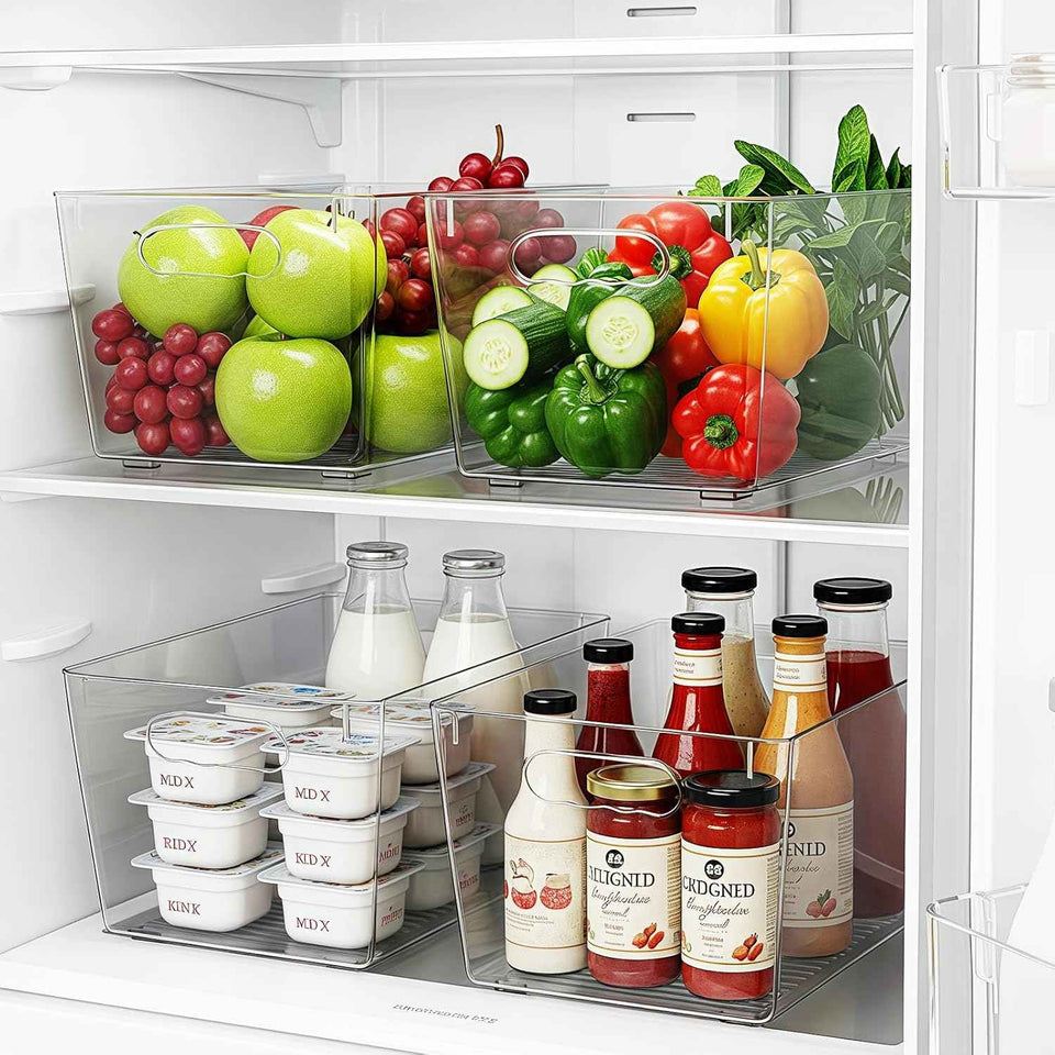 Clear Plastic Storage Bins, 4-Pack Stackable Pantry Organizers for Kitchen, Fridge, Cabinet and Closet