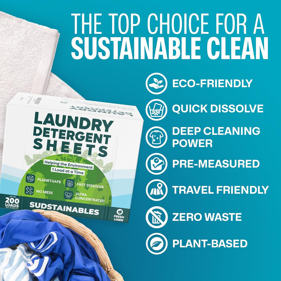 Sudstainables Laundry Detergent Sheets (200 Loads) – Eco-Friendly, Zero Waste, Plastic-Free Laundry Washing Machines Soap Sheets; Dissolvable, Space-Saving Strips for Travel (Fresh Linen)