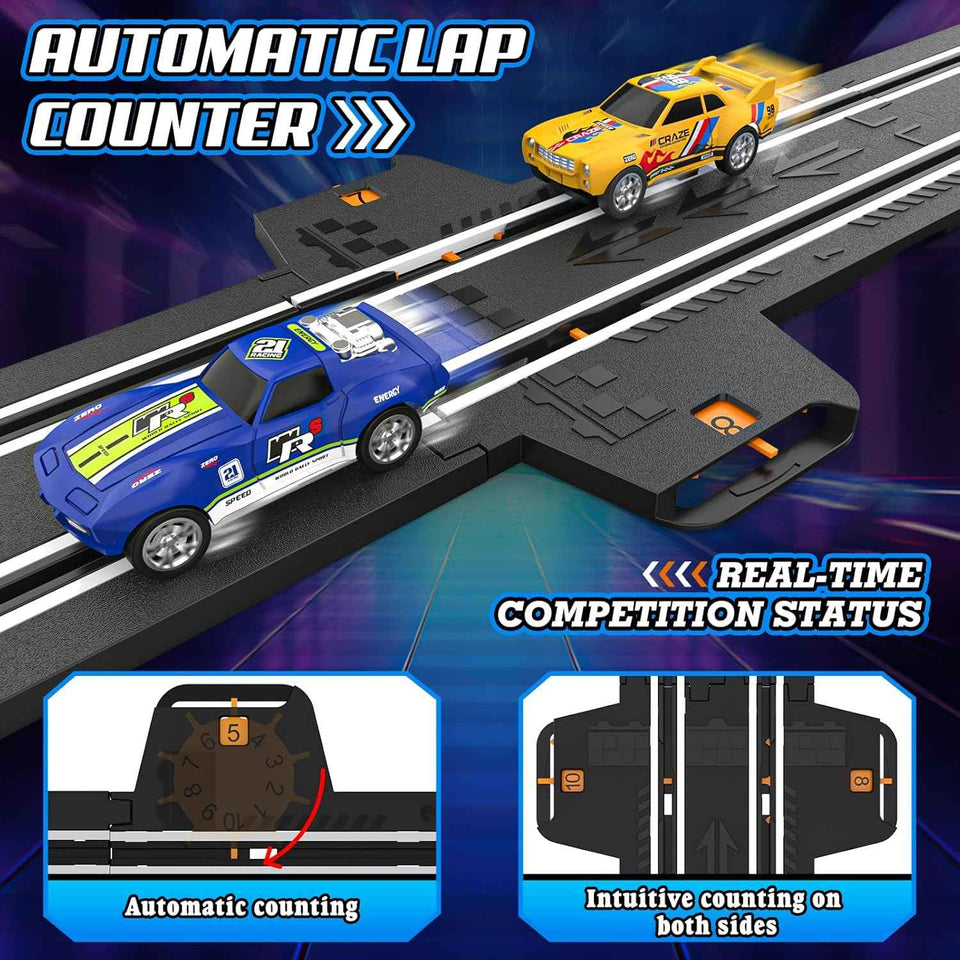 slot car race track set, 2 high-speed cars, battery or electric, dual racing game, lap counter, toys for kids