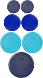 Pyrex (2) 7202-PC Green, (2) 7200-PC Orange, (2) 7201-PC Cobalt Blue, (1) 7402-PC Red Food Storage Lids - Made in USA