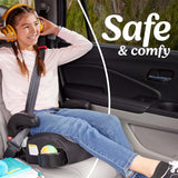 Child in a car seat with safety harness, smiling, with text 'Safe & comfy' in the background.