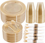 WELLIFE 700 Pieces Gold Plastic Dinnerware Set for 100 Guests - Includes Plates, Cups, Napkins, and Disposable Cutlery - Elegant White & Gold Design, Perfect for Parties and Events