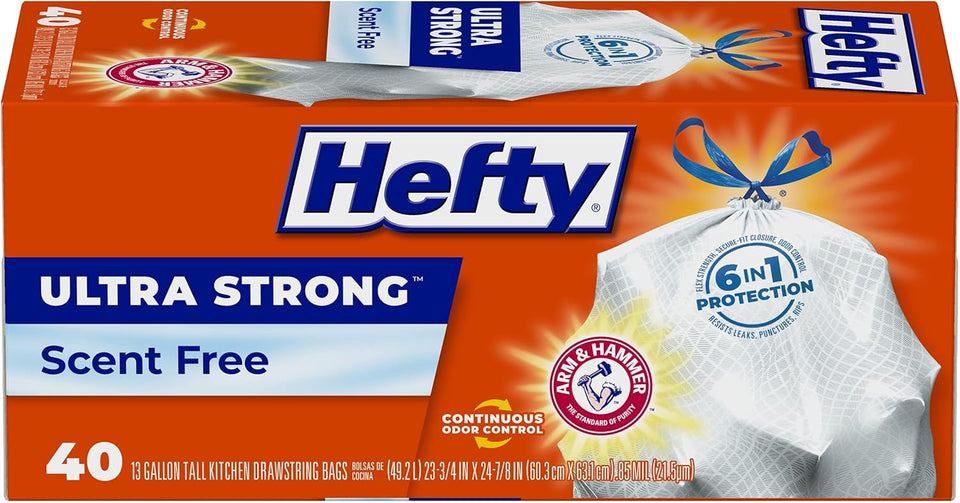 Hefty Ultra Strong 13 Gallon Trash Bags, Tall Kitchen Trash Bags 13 Gallon Size, Drawstring Closure, Continuous Odor Control, White, Unscented, 40 Bags