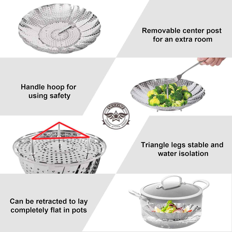 Stainless Steel Steamer Basket for Steaming Cooking, Expandable to Fit Various Size Pots (5.5" to 9.3")