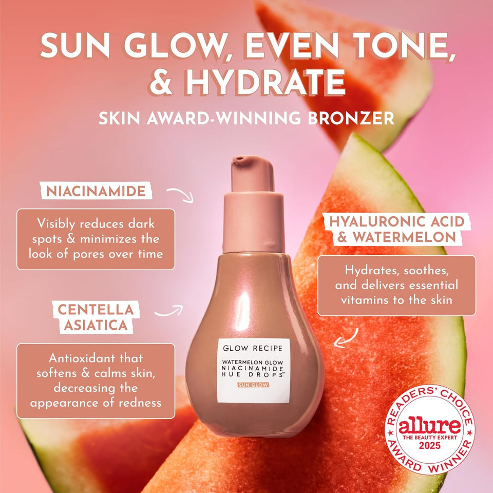 Glow Recipe Hue Drops Bronzing Drops, Tinted Face Serum, Glow Primer + Liquid Highlighter, Niacinamide + Hyaluronic Acid, Radiant Warm Glow, Sunglow (40ml)