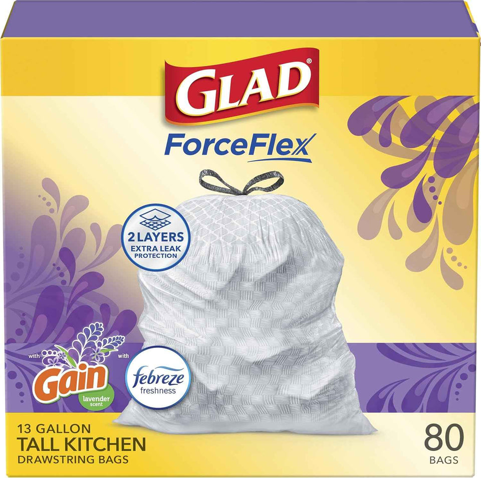 Glad ForceFlex Tall Kitchen Trash Bags with Gain Lavender Scent and Febreze Odor Control