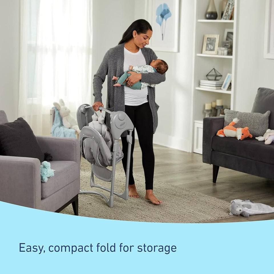 Graco Slim Spaces Compact Baby Swing, Space Saving Portable Bay Swing with Height Adjustable Legs & Soft Toys, Reign