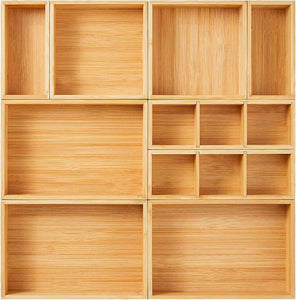 Fabsome Drawer Organizer, Set of 9 Bamboo Wood Kitchen Makeup Desk Junk Tea Drawer Storage Boxes Bins for Cutlery Silverware Utensils Flatware, Small Wooden Container Tray for Bathroom, Office