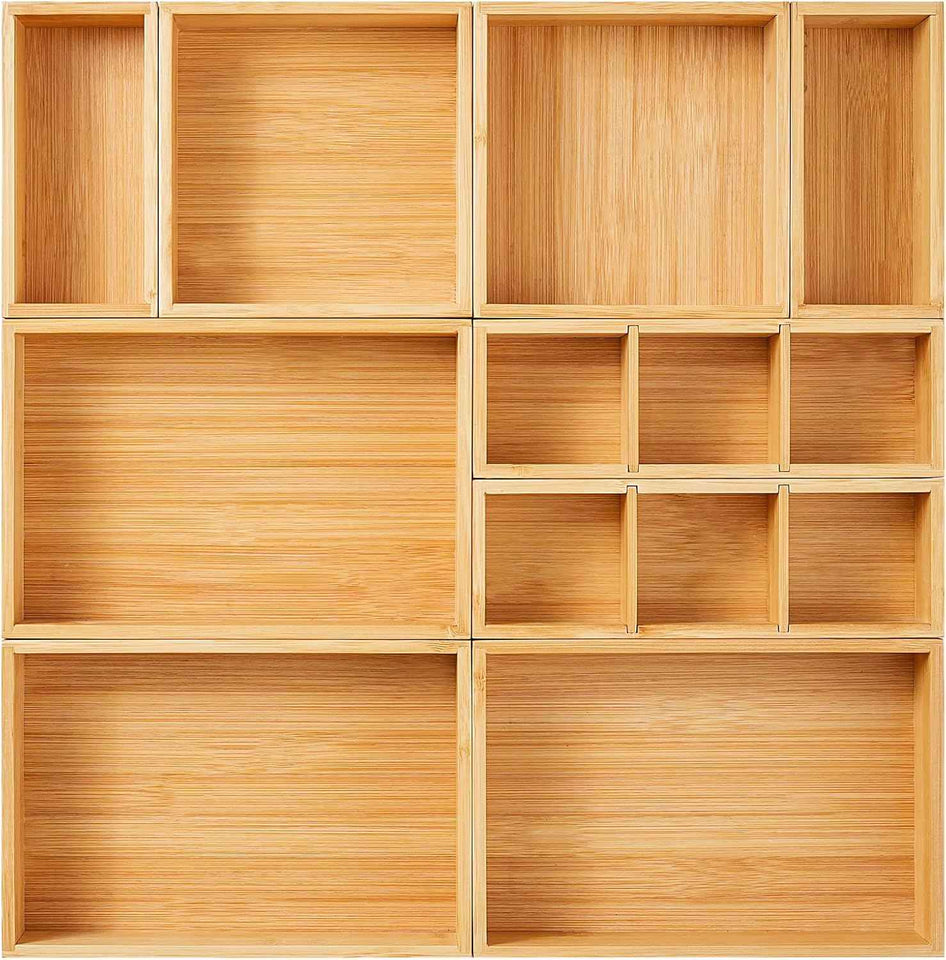 Fabsome bamboo wood set of 9 drawer organizer for kitchen, makeup, desk, and bathroom storage
