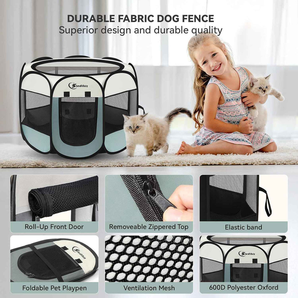 Grey dog cat playpen for small dogs, puppies, cats, rabbits - portable pop up kennel with carrying case