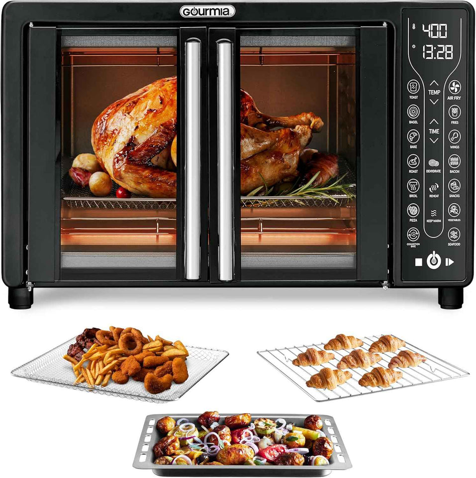 Gourmia French Door Air Fryer – 25 Qt Large Capacity Convection Oven, Fryfroce 360°, Digital Display with 17 Cooking Presets, Bake, Toast, Roast, Dehydrate, Fits 12” Pizza