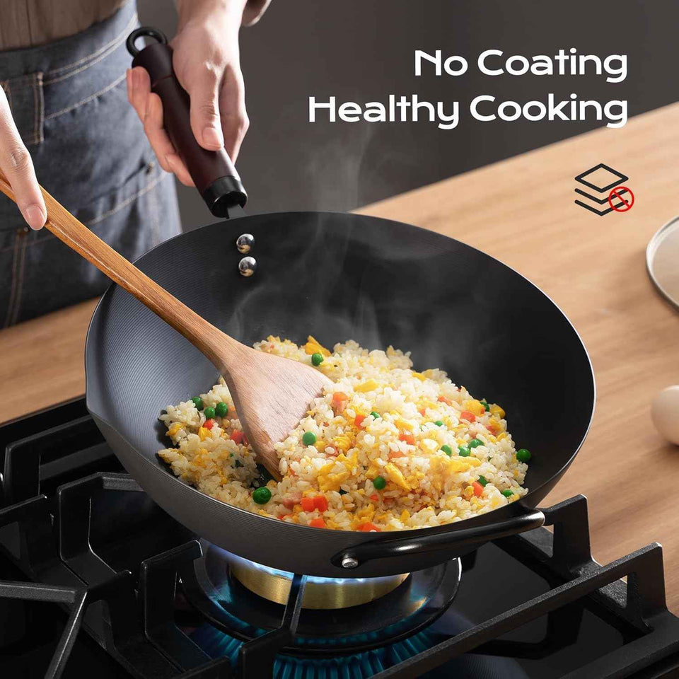 13 inch carbon steel wok nonstick stir-fry pan with lid pre-seasoned 5.8qt flat bottom