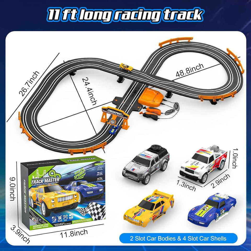 slot car race track set, 2 high-speed cars, battery or electric, dual racing game, lap counter, toys for kids