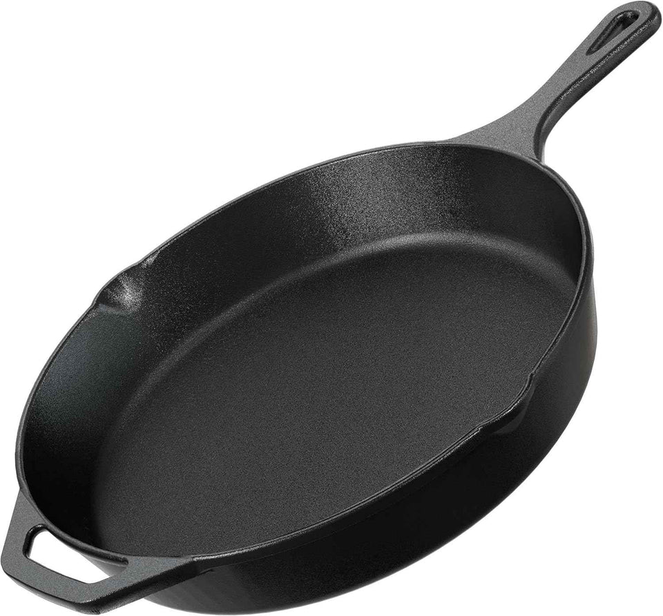 Utopia 12-inch pre-seasoned cast iron skillet, chef's pan for stovetop, oven, campfire, and grill use, black finish