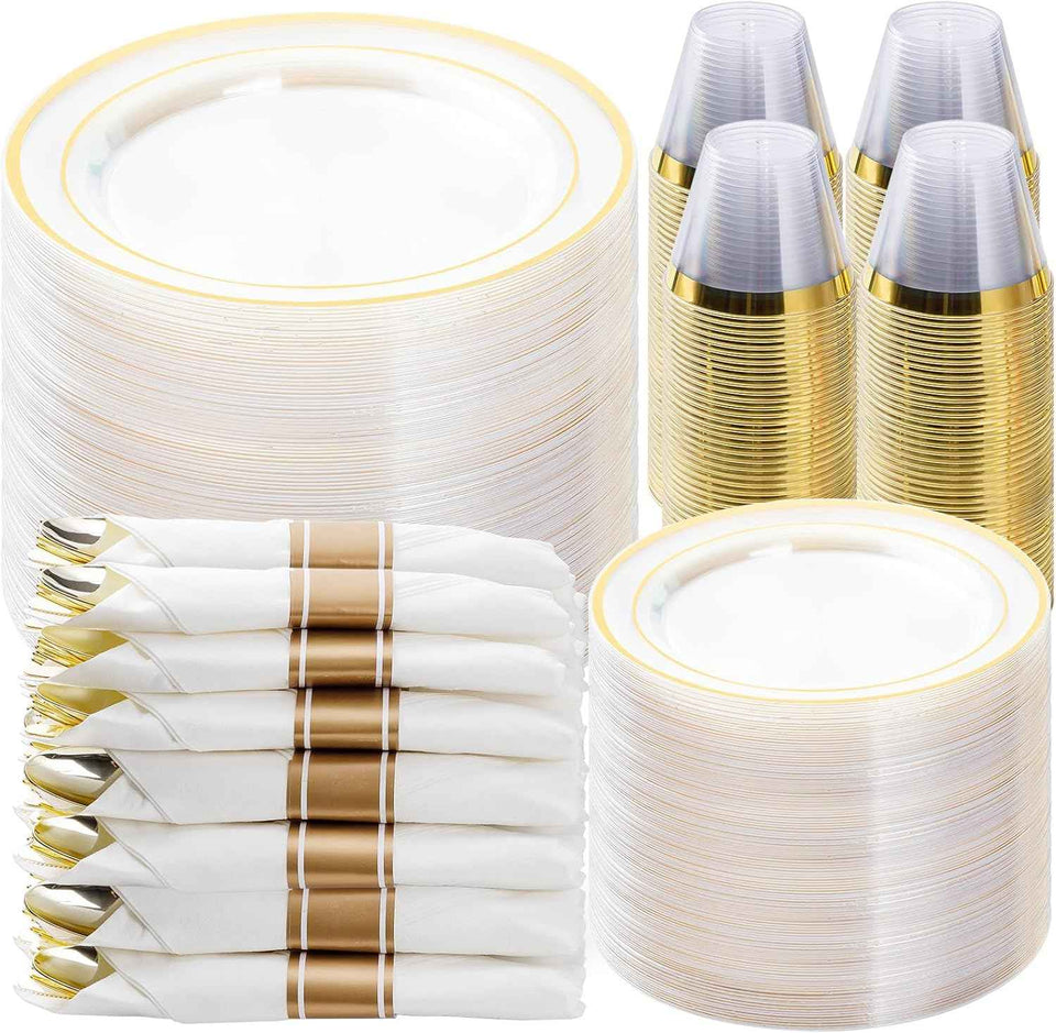 BESTVIP 700PCS Gold Plastic Dinnerware Set for 100 Guests, Disposable Plates for Party, Include: 200 Plastic Plates, 100 Pre Rolled Napkins with Gold Silverware, 100 Cups for Christmas, Halloween