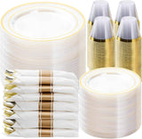BESTVIP 700PCS Gold Plastic Dinnerware Set for 100 Guests, Disposable Plates for Party, Include: 200 Plastic Plates, 100 Pre Rolled Napkins with Gold Silverware, 100 Cups for Christmas, Halloween