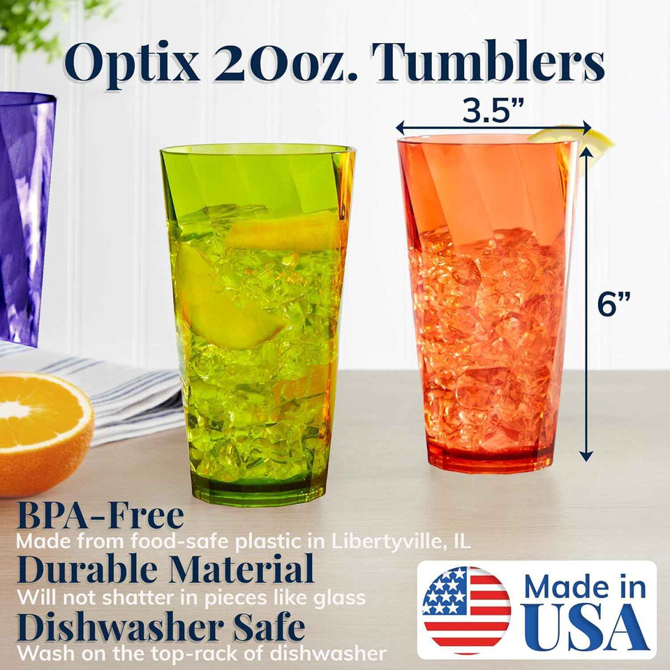 US Acrylic Optix 20oz BPA-free reusable drinking glasses set of 8 in jewel tone colors, made in USA, top rack dishwasher safe