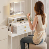 Vanity Desk with Mirror and Lights, 28.4''W Small Makeup Vanity Table with Height-Adjustable Stand, 2 Fabric Drawers Compact Makeup Desk, Gift for Girls, Bedroom Small Space, White