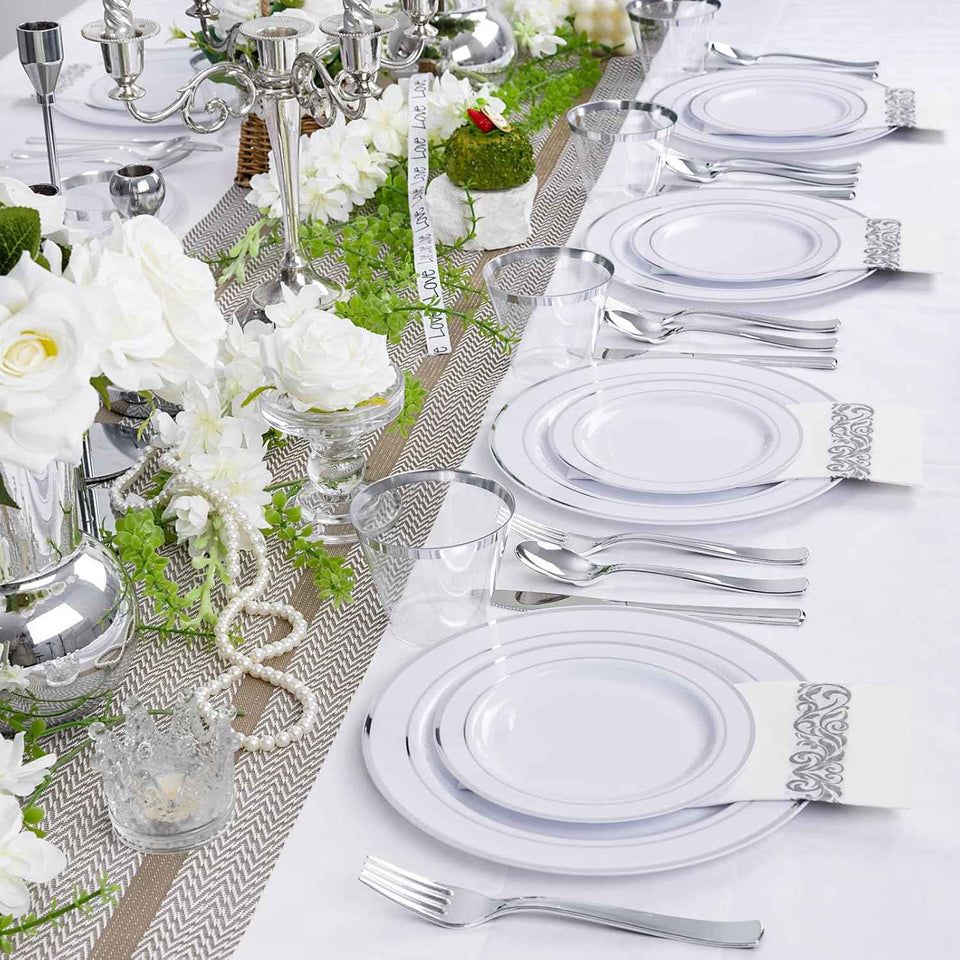 WELLIFE 700 Pieces Silver Plastic Dinnerware Set for 100 Guests - Includes Plates, Cups, Napkins, and Disposable Cutlery - Elegant White & Silver Design, Perfect for Parties and Events
