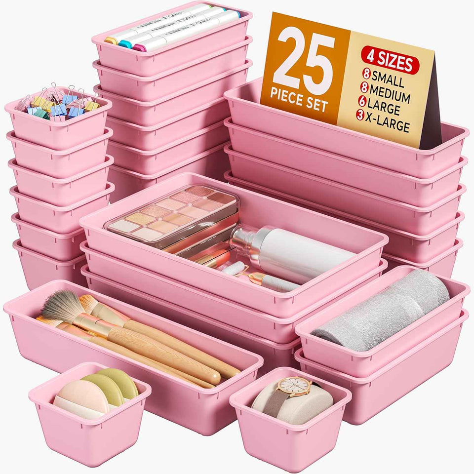 25 PCS Plastic Drawer Organizers Set, 4 Sizes Vanity Organizer, Makeup and Desk Drawer Organizer Trays, Organization and Storage for Makeup, Bathroom, Kitchen Utensils and Office (Black)