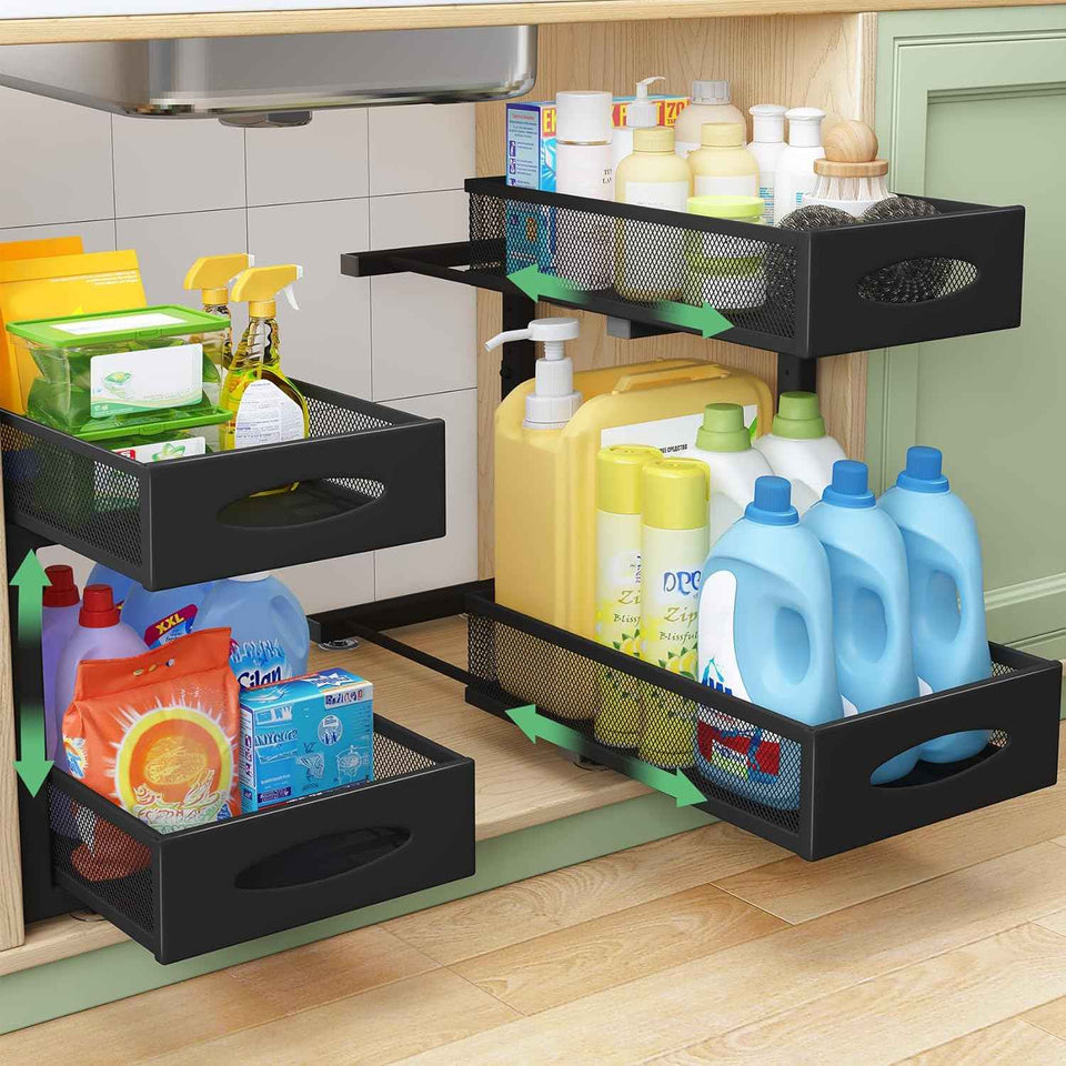 stainless steel under sink organizer with 2 tier pull out cabinet basket mesh sliding drawers