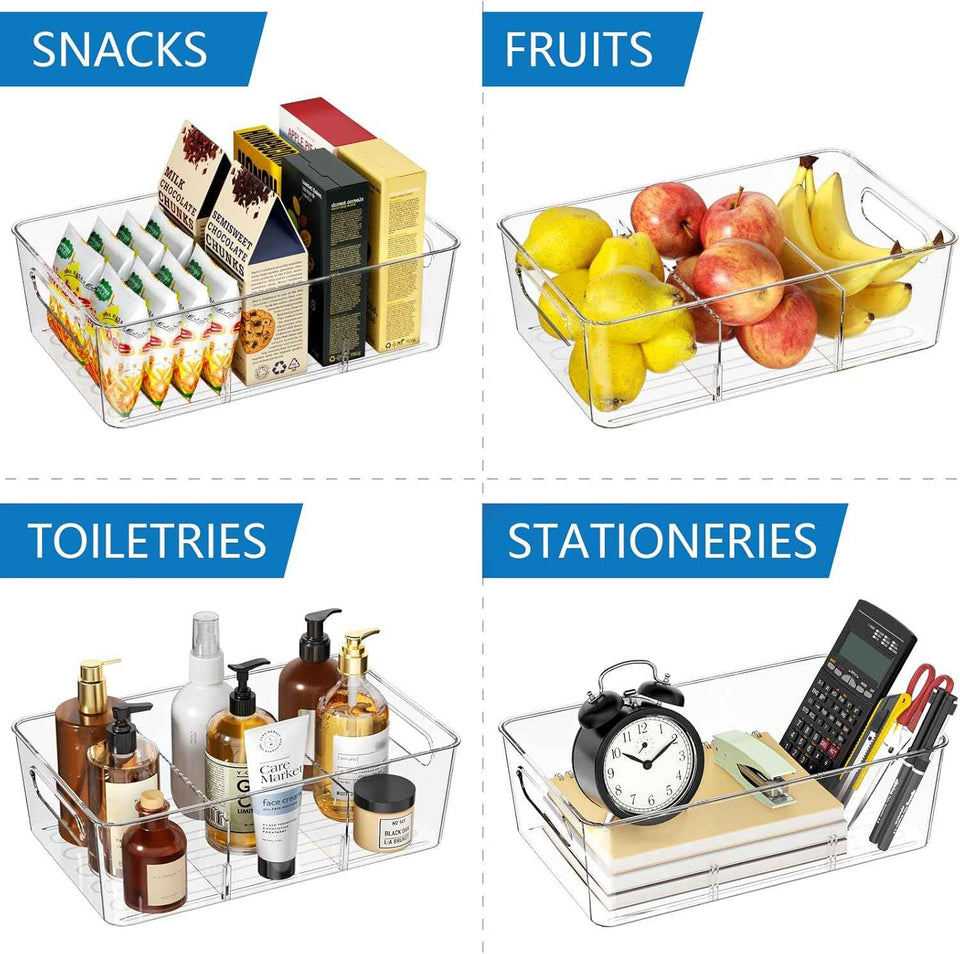 6 Pack Pantry Organizers and Storage,Clear Plastic Containers with 2 Dividers for Kitchen,Fridge Organization and Storage,Acrylic Bins for Pounches,Spice Packet,Snack organzier