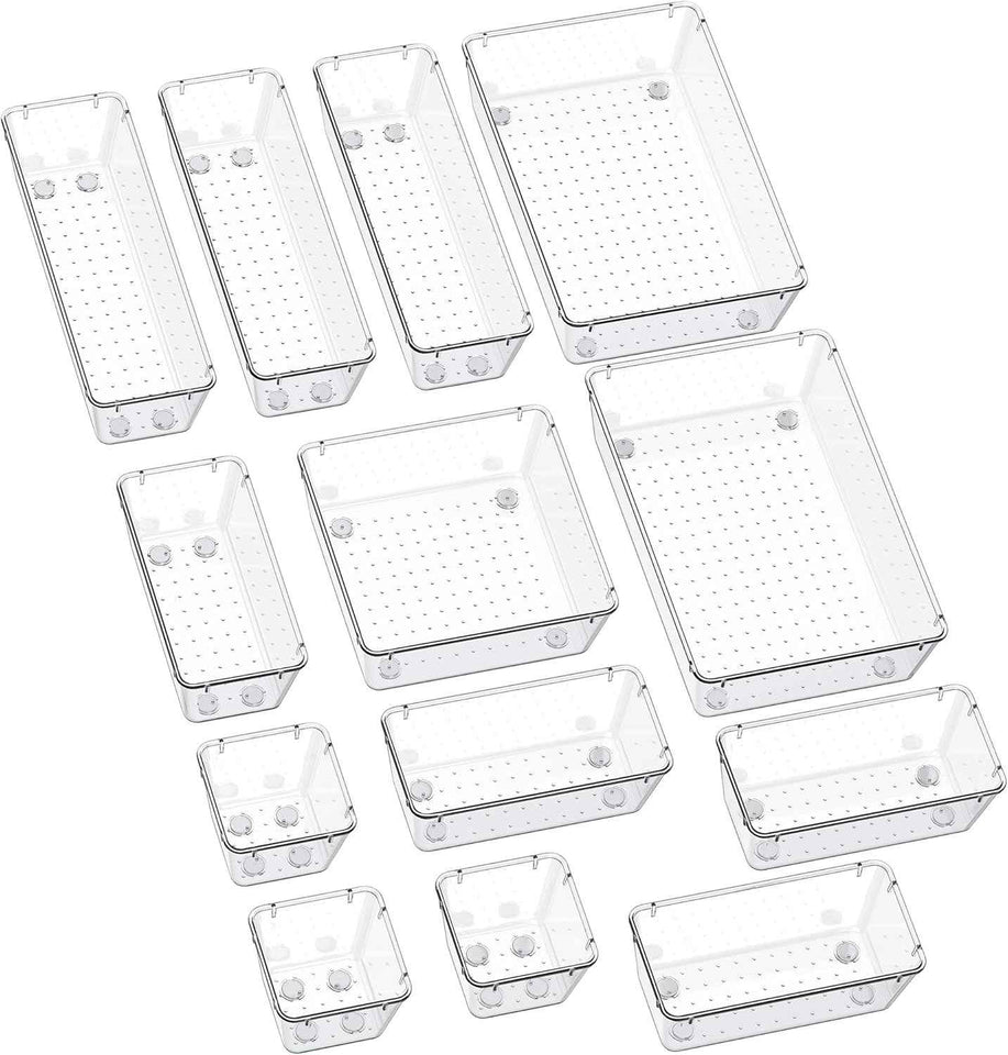 smartake 13-piece clear drawer organizers with non-slip silicone pads, 5-size desk bathroom organizer trays for makeup, jewelries, utensils storage in bedroom dresser, office and kitchen