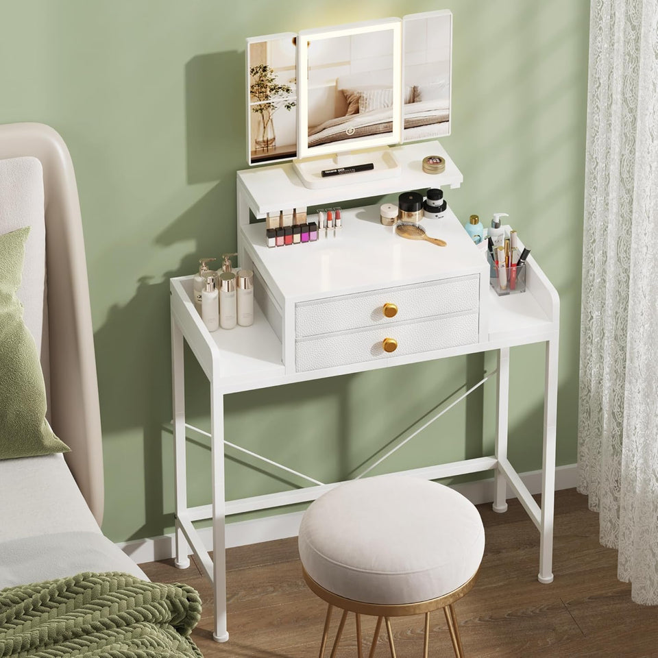 Vanity Desk with Mirror and Lights, 28.4''W Small Makeup Vanity Table with Height-Adjustable Stand, 2 Fabric Drawers Compact Makeup Desk, Gift for Girls, Bedroom Small Space, White