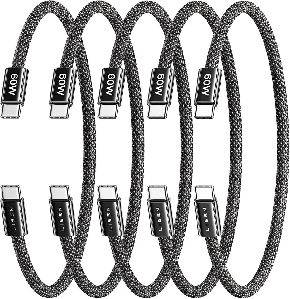 Lisen 5-pack usb c to c cable, 60w fast charging, 10ft for iphone 17, ipad, galaxy s25/s24