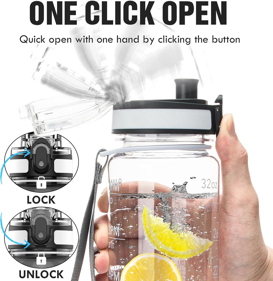 OLDLEY Water Bottle, 32oz Motivational Sports Water Bottle with Time Marker - Times to Drink - Tritan, BPA Free, Wide Mouth Leakproof, Clear (1 Bottle)