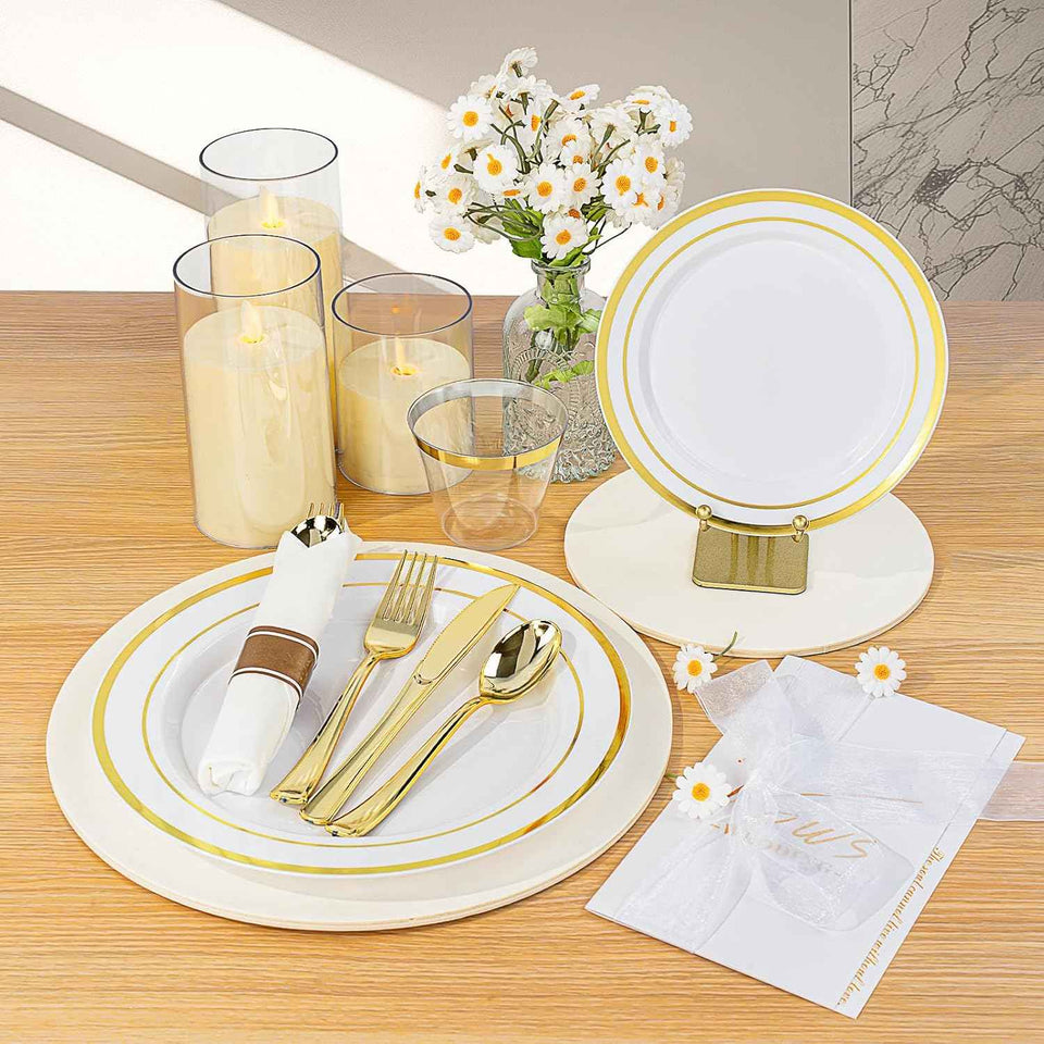 BestVIP 700PCS Gold Plastic Dinnerware Set for 100 Guests, BPA Free, Disposable Plates with Silverware, Cups, and Napkins