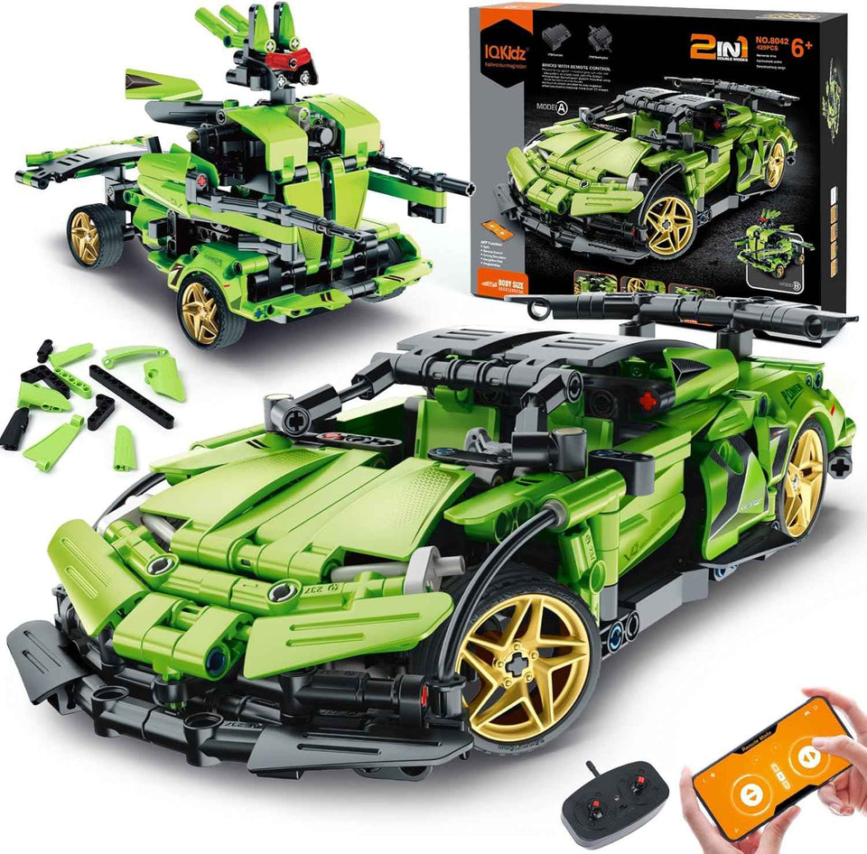 IQKidz STEM Building Blocks Kit for Kids - 2 in 1 Remote Control Race Car and Robot Toy, Great Gift for Boys, Teens Age 6 7 8-12+ Year Old Who Love Engineering and RC Sports Car Toys