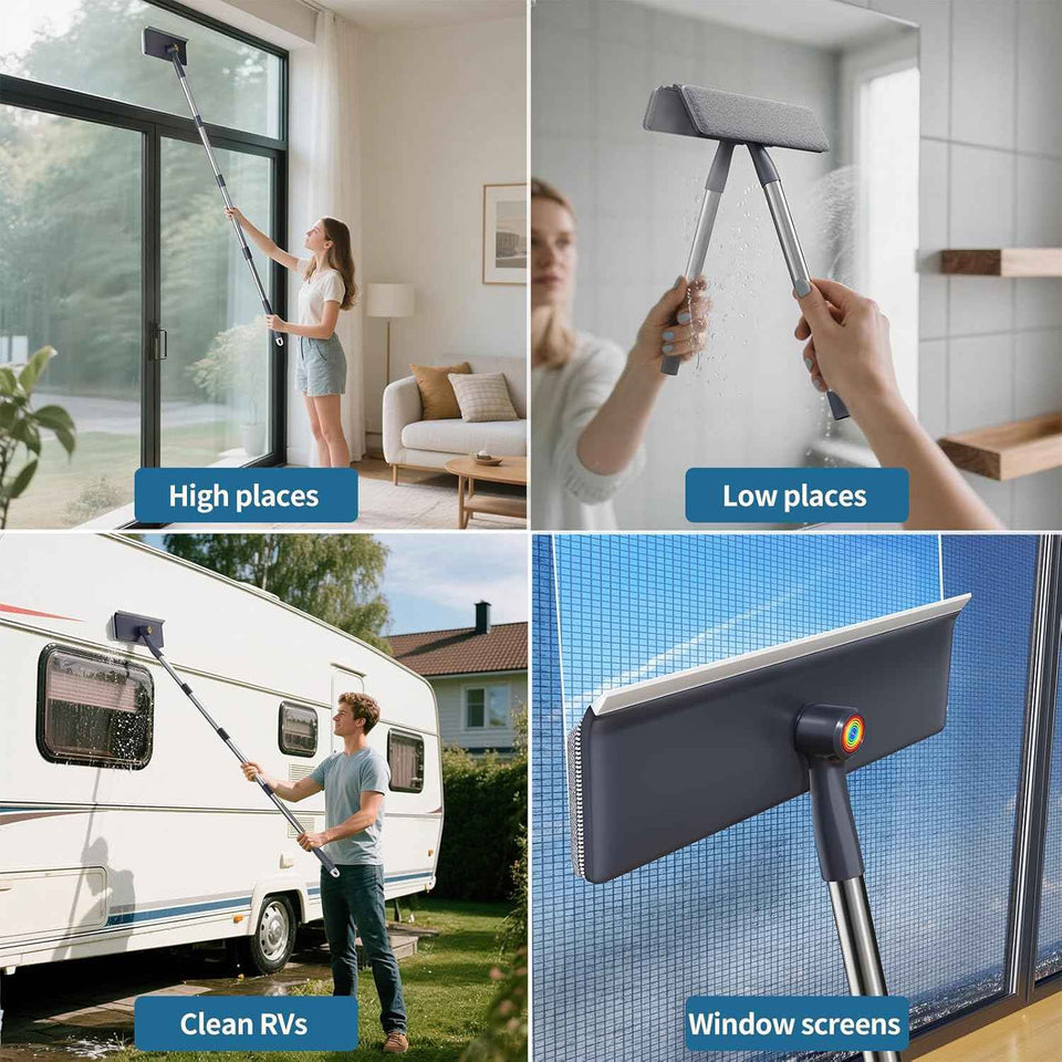 3 in 1 Window Squeegee for Home, Window Cleaning Kit with 60" Extension Pole, Professional Window Cleaner Tool for Outdoor Windows, Glass, Mirrors, Screens with 3 Microfiber Cloths & Screen Brush